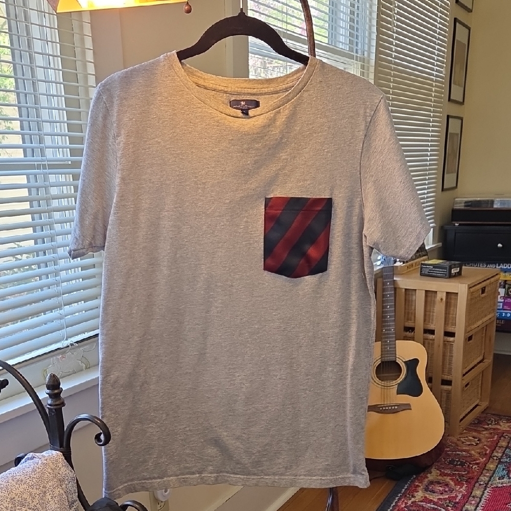 Heather Gray Short Sleeve Pocket Tee with Red & Navy Stripes